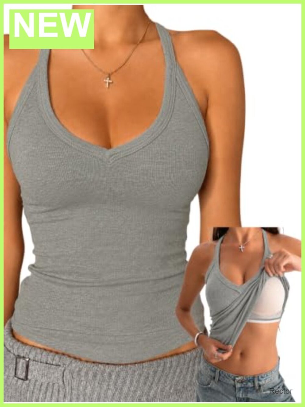V Neck Cotton Tank Top Built-in Shelf Bra Racerback Fitted Cami